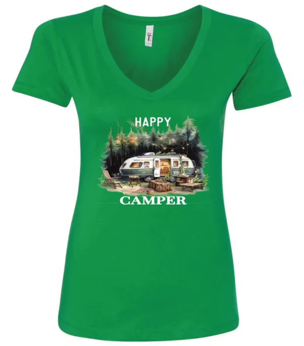 green camper v-neck t-shirt featuring an old model camper set up in the woods with night lights outside, and it says happy camper