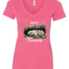 pink camper v-neck t-shirt featuring an old model camper set up in the woods with night lights outside, and it says happy camper