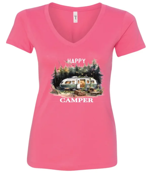 pink camper v-neck t-shirt featuring an old model camper set up in the woods with night lights outside, and it says happy camper