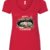 red camper v-neck t-shirt featuring an old model camper set up in the woods with night lights outside, and it says happy camper