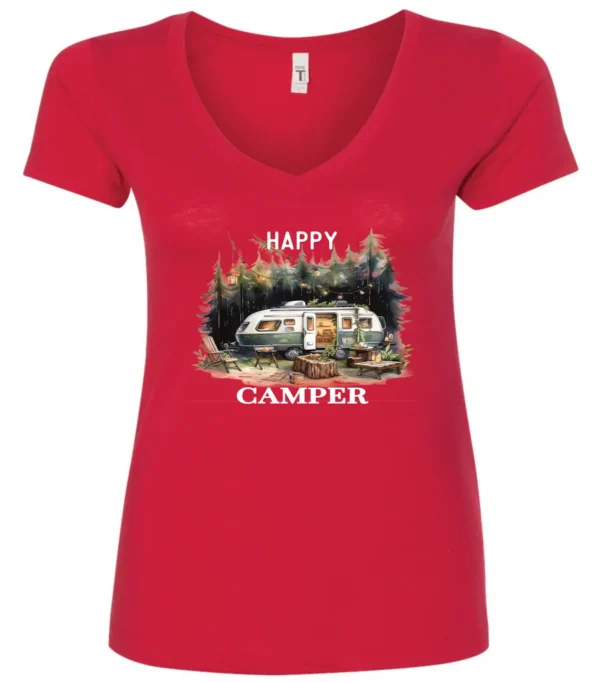 red camper v-neck t-shirt featuring an old model camper set up in the woods with night lights outside, and it says happy camper