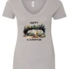silver camper v-neck t-shirt featuring an old model camper set up in the woods with night lights outside, and it says happy camper