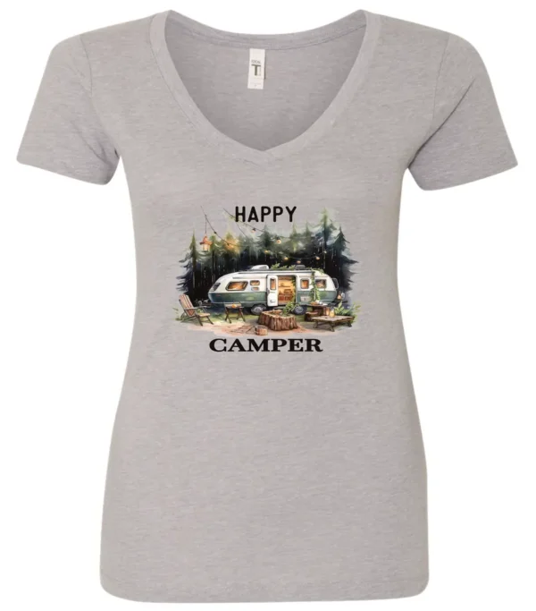 silver camper v-neck t-shirt featuring an old model camper set up in the woods with night lights outside, and it says happy camper