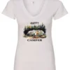 white camper v-neck t-shirt featuring an old model camper set up in the woods with night lights outside, and it says happy camper