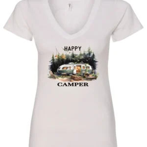 white camper v-neck t-shirt featuring an old model camper set up in the woods with night lights outside, and it says happy camper