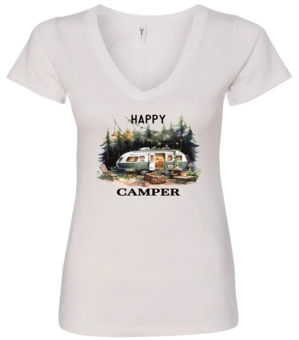 white camper v-neck t-shirt featuring an old model camper set up in the woods with night lights outside, and it says happy camper