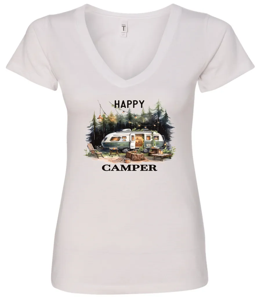 white camper v-neck t-shirt featuring an old model camper set up in the woods with night lights outside, and it says happy camper