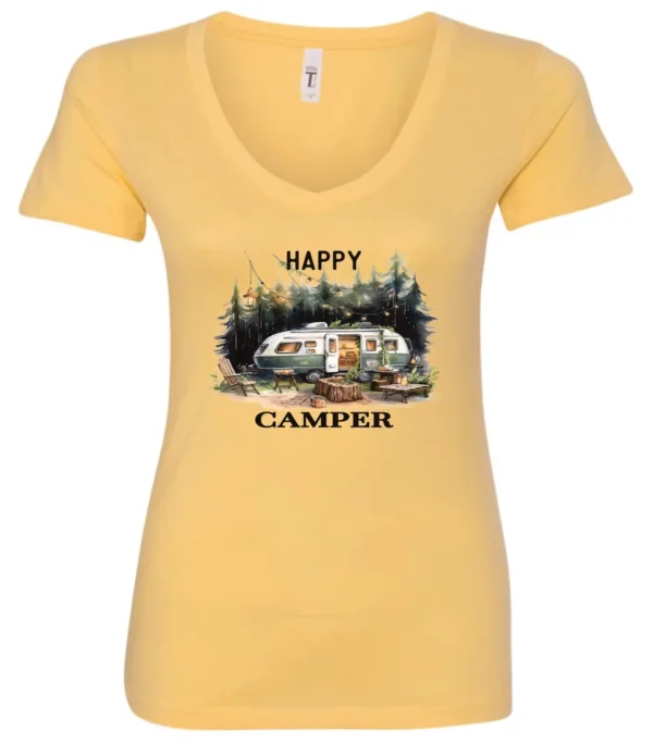 yellow camper v-neck t-shirt featuring an old model camper set up in the woods with night lights outside, and it says happy camper