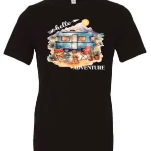 black camping t-shirt featuring a camper, picnic table set outside, and a sunrise in the background, and it says hello adventure