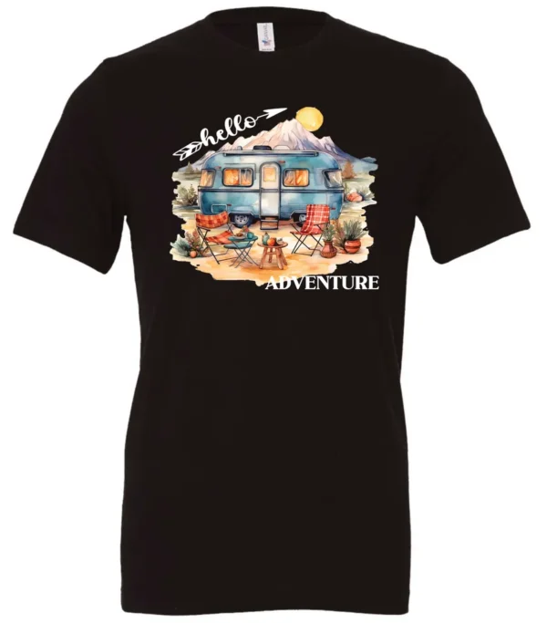 black camping t-shirt featuring a camper, picnic table set outside, and a sunrise in the background, and it says hello adventure