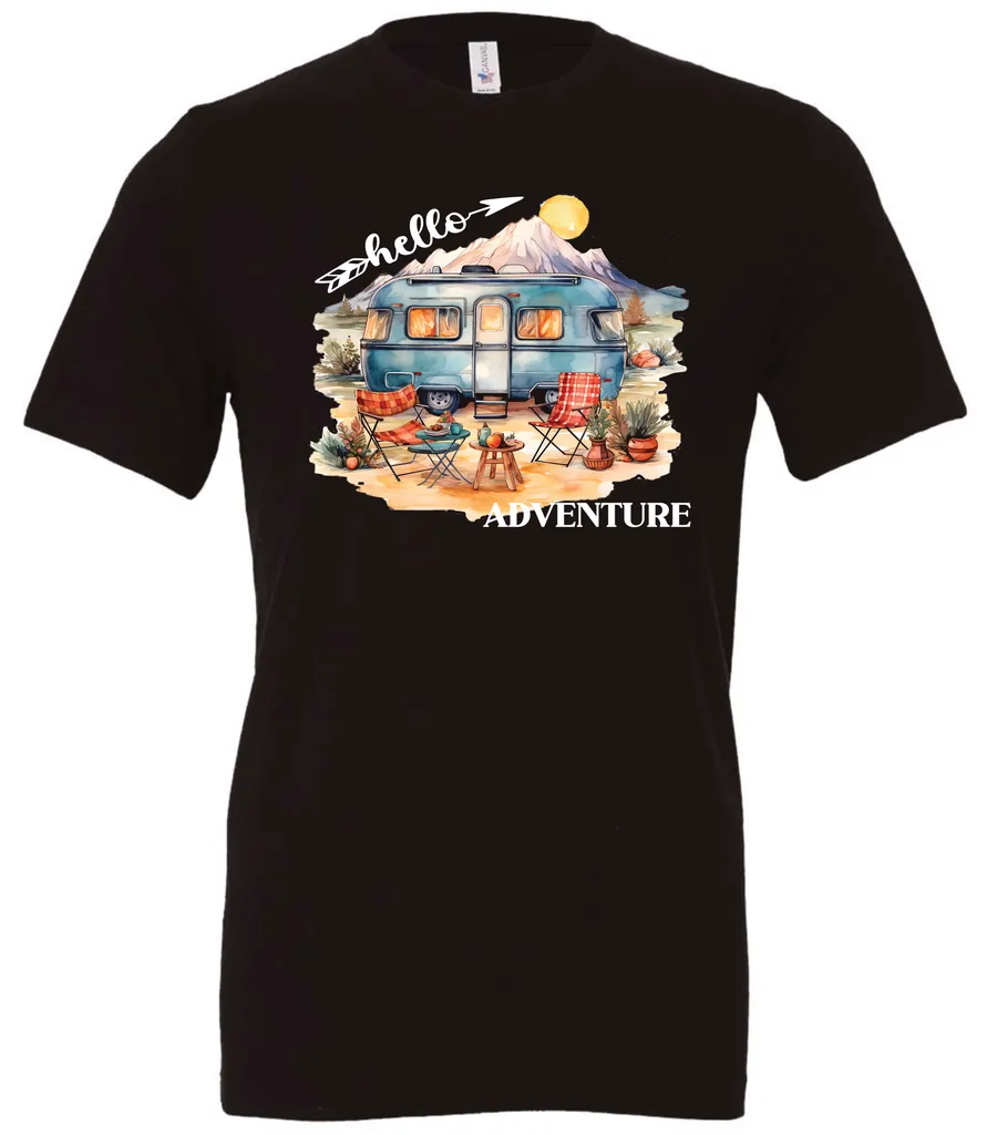 black camping t-shirt featuring a camper, picnic table set outside, and a sunrise in the background, and it says hello adventure