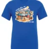 blue camping t-shirt featuring a camper, picnic table set outside, and a sunrise in the background, and it says hello adventure