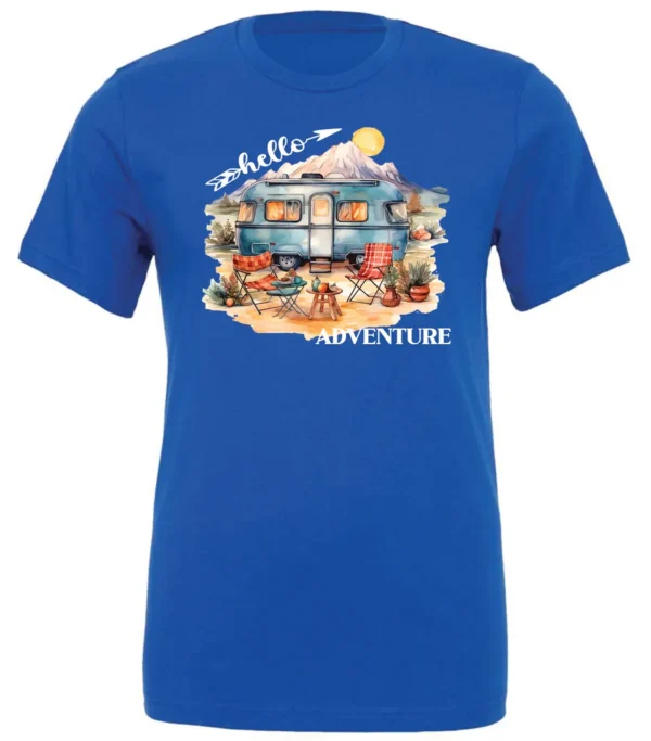 blue camping t-shirt featuring a camper, picnic table set outside, and a sunrise in the background, and it says hello adventure