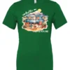 green camping t-shirt featuring a camper, picnic table set outside, and a sunrise in the background, and it says hello adventure