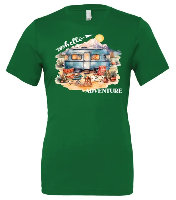 green camping t-shirt featuring a camper, picnic table set outside, and a sunrise in the background, and it says hello adventure