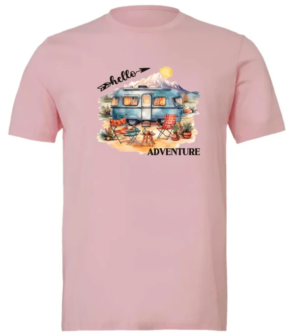 pink camping t-shirt featuring a camper, picnic table set outside, and a sunrise in the background, and it says hello adventure