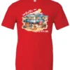 red camping t-shirt featuring a camper, picnic table set outside, and a sunrise in the background, and it says hello adventure