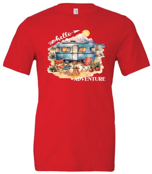 red camping t-shirt featuring a camper, picnic table set outside, and a sunrise in the background, and it says hello adventure