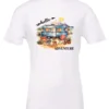 white camping t-shirt featuring a camper, picnic table set outside, and a sunrise in the background, and it says hello adventure