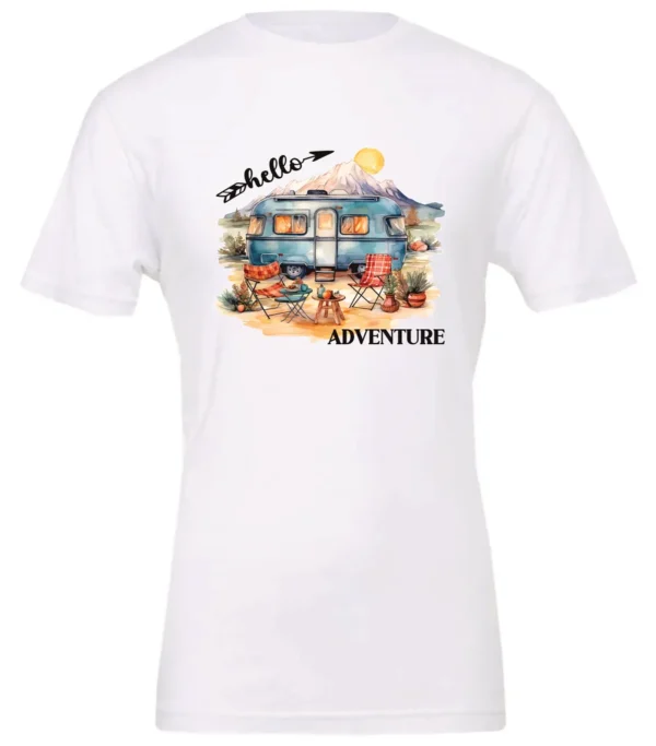white camping t-shirt featuring a camper, picnic table set outside, and a sunrise in the background, and it says hello adventure
