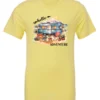 yellow camping t-shirt featuring a camper, picnic table set outside, and a sunrise in the background, and it says hello adventure