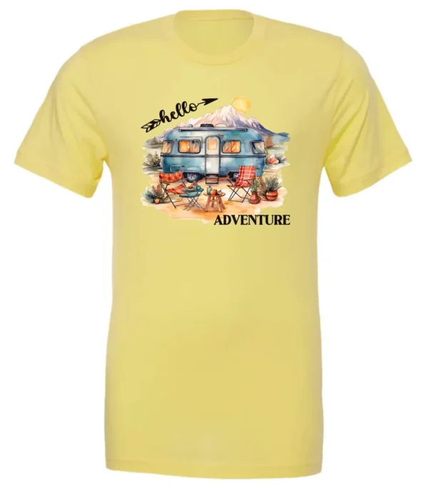 yellow camping t-shirt featuring a camper, picnic table set outside, and a sunrise in the background, and it says hello adventure