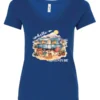 blue camping v-neck t-shirt featuring a camper, picnic table set outside, and a sunrise in the background, and it says hello adventure