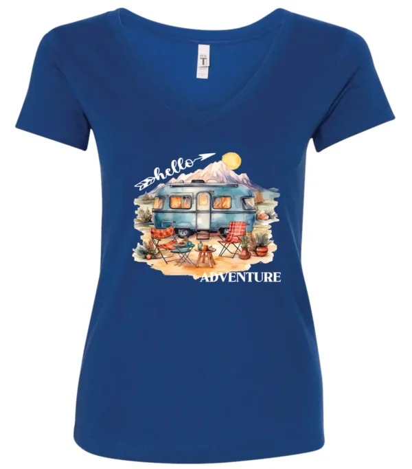 blue camping v-neck t-shirt featuring a camper, picnic table set outside, and a sunrise in the background, and it says hello adventure