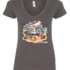 gray camping v-neck t-shirt featuring a camper, picnic table set outside, and a sunrise in the background, and it says hello adventure