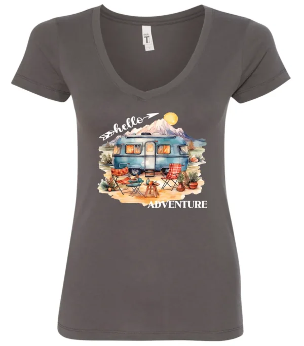 gray camping v-neck t-shirt featuring a camper, picnic table set outside, and a sunrise in the background, and it says hello adventure