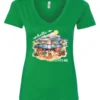 green camping v-neck t-shirt featuring a camper, picnic table set outside, and a sunrise in the background, and it says hello adventure