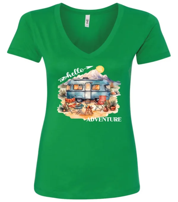 green camping v-neck t-shirt featuring a camper, picnic table set outside, and a sunrise in the background, and it says hello adventure