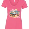 pink camping v-neck t-shirt featuring a camper, picnic table set outside, and a sunrise in the background, and it says hello adventure