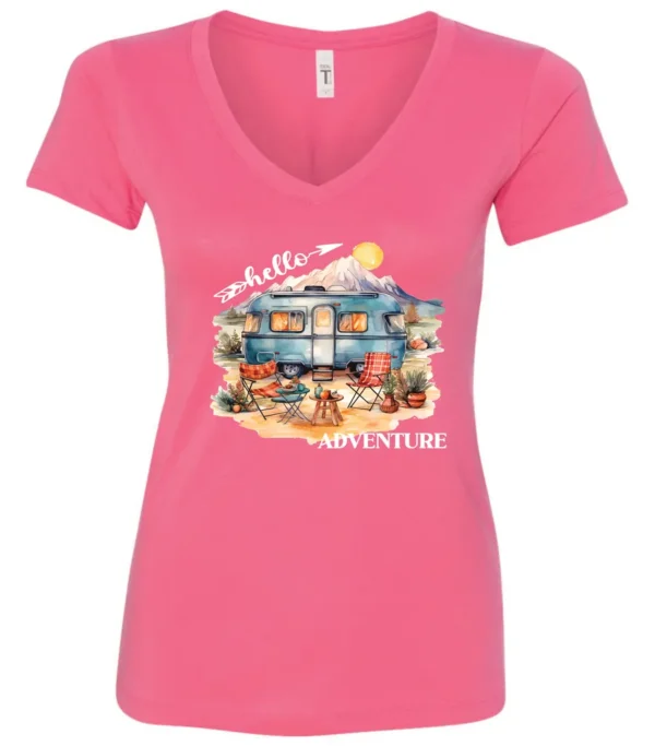 pink camping v-neck t-shirt featuring a camper, picnic table set outside, and a sunrise in the background, and it says hello adventure