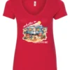 red camping v-neck t-shirt featuring a camper, picnic table set outside, and a sunrise in the background, and it says hello adventure
