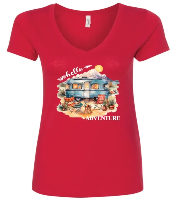 red camping v-neck t-shirt featuring a camper, picnic table set outside, and a sunrise in the background, and it says hello adventure