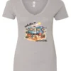 silver camping v-neck t-shirt featuring a camper, picnic table set outside, and a sunrise in the background, and it says hello adventure