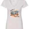 white camping v-neck t-shirt featuring a camper, picnic table set outside, and a sunrise in the background, and it says hello adventure