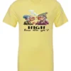 yellow funny marijuana t-shirt featuring two very old women smoking marijuana that says HIGH, How Are Ya?