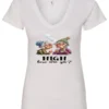 white funny marijuana v-neck t-shirt featuring two very old women smoking marijuana that says HIGH, How Are Ya?