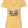 yellow funny marijuana v-neck t-shirt featuring two very old women smoking marijuana that says HIGH, How Are Ya?