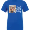 blue funny sarcasm t-shirt featuring a woman with two hair buns, big eyes and red glasses, saying I can’t people today