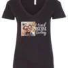 black funny sarcasm v-neck t-shirt featuring a woman with two hair buns, big eyes and red glasses, saying I can’t people today