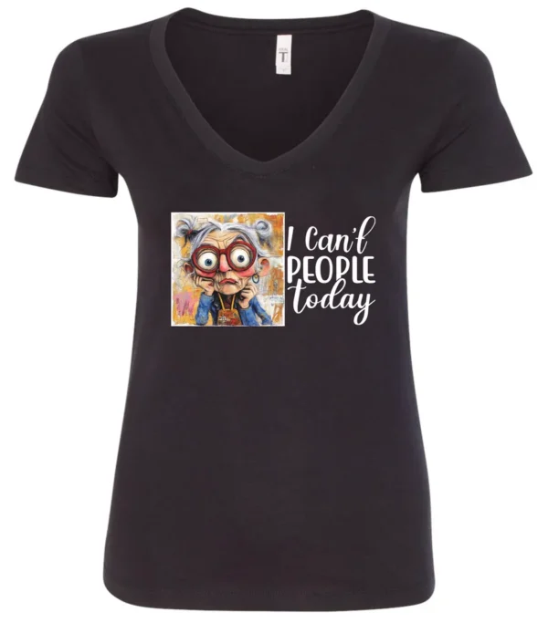 black funny sarcasm v-neck t-shirt featuring a woman with two hair buns, big eyes and red glasses, saying I can’t people today