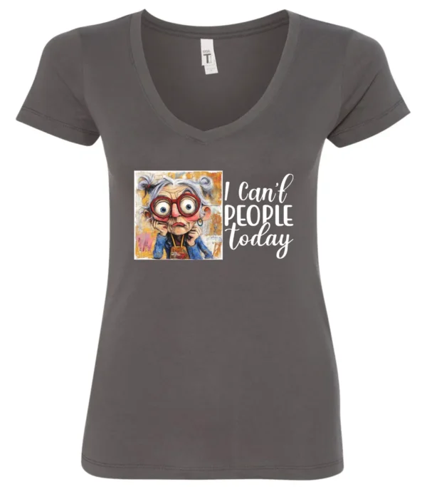 gray funny sarcasm v-neck t-shirt featuring a woman with two hair buns, big eyes and red glasses, saying I can’t people today
