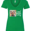green funny sarcasm v-neck t-shirt featuring a woman with two hair buns, big eyes and red glasses, saying I can’t people today