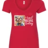 red funny sarcasm v-neck t-shirt featuring a woman with two hair buns, big eyes and red glasses, saying I can’t people today