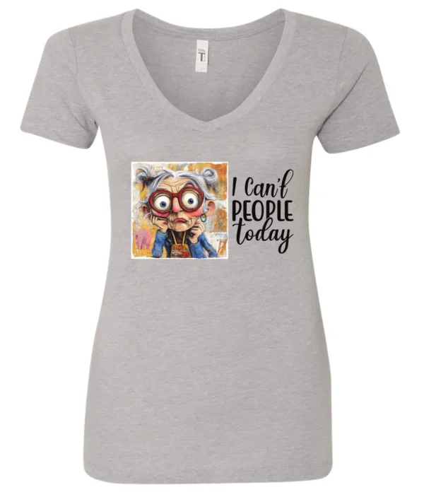 silver funny sarcasm v-neck t-shirt featuring a woman with two hair buns, big eyes and red glasses, saying I can’t people today