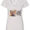 white funny sarcasm v-neck t-shirt featuring a woman with two hair buns, big eyes and red glasses, saying I can’t people today
