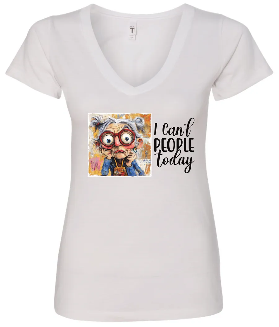 white funny sarcasm v-neck t-shirt featuring a woman with two hair buns, big eyes and red glasses, saying I can’t people today